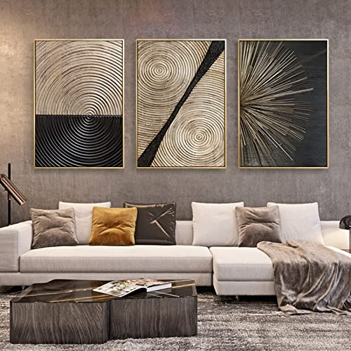 HEHGVCF 3 Stück Leinwand Bilder Schwarz Gold Jahresring Linien Wandbilder Wohnzimmer Home Deko Modern Wandbild Deko Leinwandbild Wanddeko Ohne Rahmen (3 Stück,60 x 90cm)
