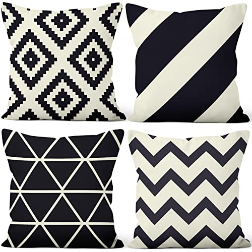 Aoihrraan Kissenbezüge 4er Set, Schwarz Weiß Geometrie Kissenbezüge Mit Minimalistischem Streifen Weicher Kurzer Plüsch Quadrat Kissenbezug für Sofa Couch Schlafzimmer Auto Stuhl Wohnkultur 40x40cm