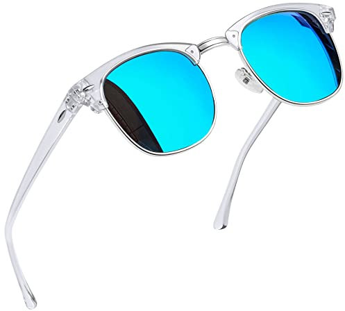 Joopin Semi-Rimless Polarised Sunglasses for Men, UV400 Protection Classic Horn Rimmed Half Frame Womens Sunglasses(Transparent Frame Mirrored Blue Lens)