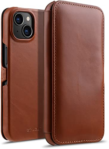 STILGUT Book Case kompatibel mit iPhone 14 (6.1“) Hülle aus Leder mit Clip-Verschluss, Klapphülle, Handyhülle, Lederhülle - Cognac