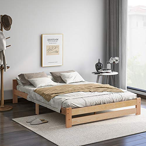 Holzbett Massivholzbett Futonbett Massivholz Natur Bett mit Kopfteil und Lattenrost, Doppelbett aus Kiefer, Stabiles Bett Holzlattenunterstützung in 140 x 200 cm, Geeignet als Ehebett Gästebett