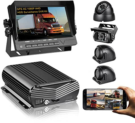 Tuamber-X 4 Channel GPS 4G 1080P AHD HDD Mobile Vehicle Car DVR MDVR Video Recorder Kit Real-time Remote View on PC Phone with 4 1080P Side Rear View IR Car Cameras 7 inches Car Monitor for Truck Bus