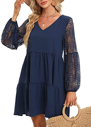 Vestiti Donna Estivi Eleganti Maniche Lunghe Pizzo Vestito Donna con Tasca Scollo a V Sexy Vestito da Cerimonia Casual Abito da Spiaggia