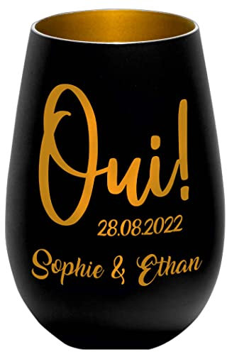 Photophore en Verre personnalisé - Cadeau Mariage - Noir/Or - Fiançailles - Saint Valentin - Personnalisable avec nom et Date – Amoureux