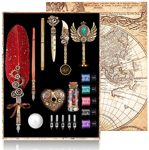 Federkiel und Tinte Set,Feder Feder Tinte Set enthält Federkiel,Holzstift,5 austauschbare Federn,5 von Tinte,Siegel,Wachsperlen,Umschlag und Briefpapier etc-Rot