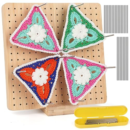 Aeelike Granny Square Spanner mit 24 Edelstahl-Stabstiften, Handcrafted Wooden Blocking Board Häkeln, Sperrbrett für Granny Square, Sperrbrett Häkeln Holz mit 1 Stand, 1 Gelb Aufbewahrungsbox(23,5 cm)