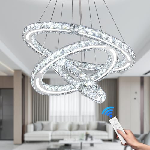 CXGLEAMING Modern LED Crystal Chandeliers Ceiling Light 3-Ring Light Ring with Adjustable Height Dimmable for Living Room Bedrooms Kitchen (Lighting Adjustment,209 Square Crystals)