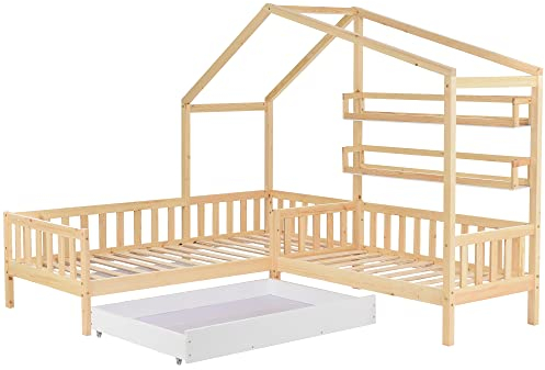 HAINEW Kinderbett 90×200cm und 70×140cm für 2 Kinder, L-Struktur Hausbett Mit Schubladen und Regalen, Jugendbett Holzbett mit Zaun und Lattenrost, Natur