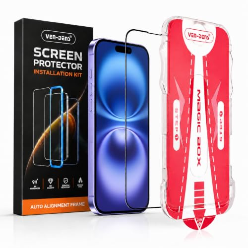 VEN-DENS Screen Protector for iPhone 16/15, Black Full Coverage Edge to | Edge Tempered Glass Film with Easy Installation Tool, Case-Friendly, HD Clear For iPhone 15/16 6.1