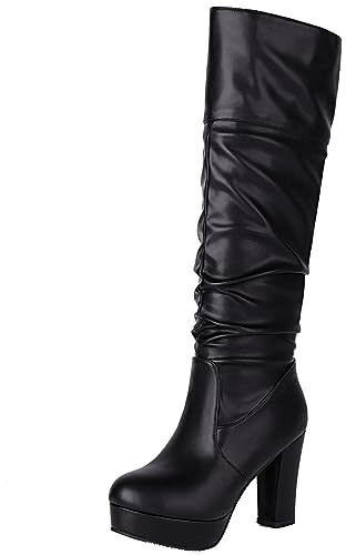 XINXINIO Damen Lässige kniehohe Stiefel mit Blockabsatz und Falten