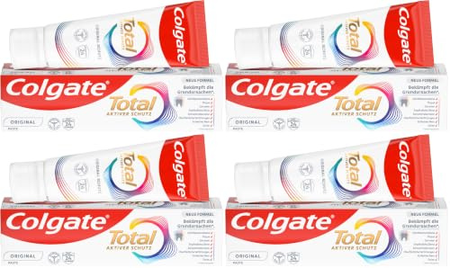 Colgate Zahnpasta Total Original 1x75 ml – Zahnreinigung für einen gesunden Mund und 12 Stunden proaktiven Zahnschutz* – reinigt Zähne, Zahnfleisch, Wangen und Zunge (Packung mit 4)