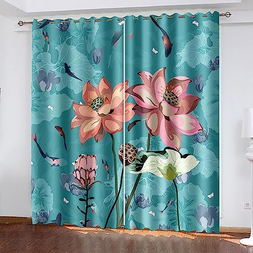 Blickdicht Blackout Vorhang Mit Ösen Schalldämmend Gardinen Polyester 3D Blauer Lotus Lotus Für Wohnzimmer Schlafzimmer Kinder Oder Babyzimmer - Bed