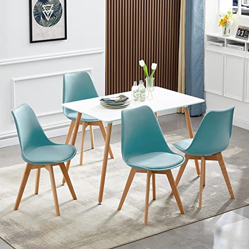 LafeuR Essgruppen Esstisch mit 4 Stühlen, 4er Set Esszimmerstühle und Rechteckig Küchentisch Esszimmergruppe für 4 Personen, Sitzgruppe für Wohnzimmer Küche Büro(Weiß Tisch + 4 Hellhimmelblau Stuhl)