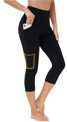 BAYGE Damen Wander Leggings 3/4 Sommer Leicht Hight Waist Wasserdicht Blickdicht Slim Fit Capri Wanderhose Yogahose Radlerhose Sporthose Strumpfhose Sweathose mit Taschen, Schwarz, XL