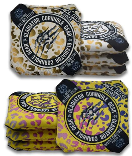 Gladiator Bags, Professionelle Cornhole Bags Set mit 8 Stück, reguläre Größe, 2023 gestempelt, ACL-Pro genehmigt, Cornhole Bags (Battle Cheetah, 4 Gelb 4 Weiß)