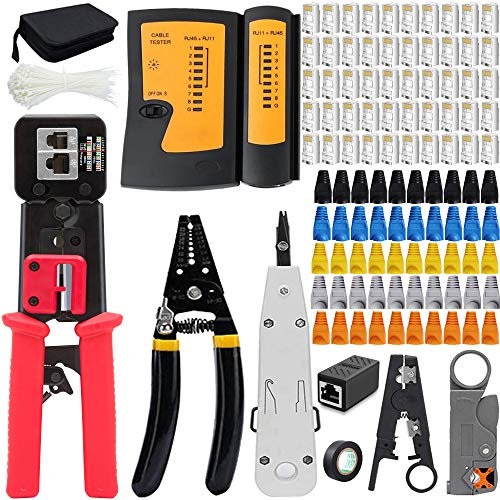 MAYLINE Pinza Strumenti Kit di Rete Professionali Crimpatrice per LAN Cavi Ethernet RJ45/RJ11/RJ12 Cat7/ Cat6/ Cat5e, Manutenzione del Computer Kit LAN Tester del (arancione)