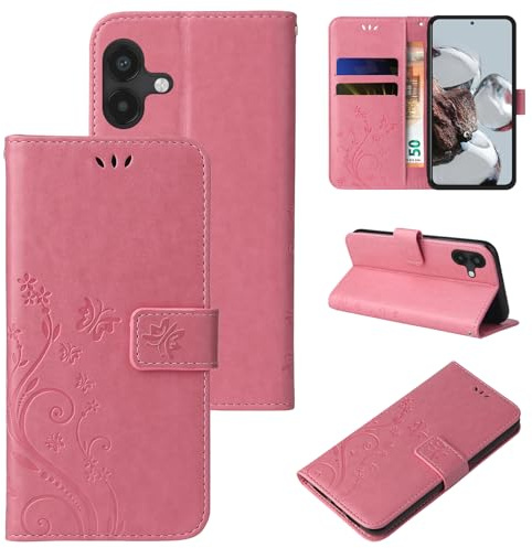 LBH Handy Hülle für Samsung Galaxy A04 Case Handytasche Schmetterling Blumen Flower Standfunktion Schutzhülle Magnet Rundum Schutz 360 Grad Flipcase Cover Rosegold