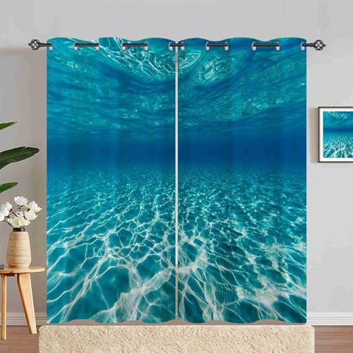 ANHOPE Unterwasser Blau Ozean Blickdichte Gardinen mit Ösen Thermo Vorhänge Weich Vorhang Blackout Curtain Wohnzimmer Schlafzimmer Verdunklungsvorhänge 2er Set H 200 x B 140 cm
