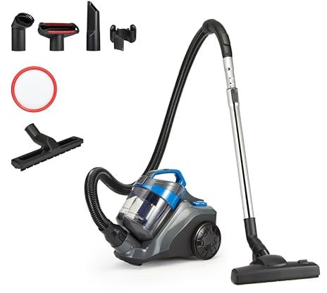Amazon Basics Cylinder Vacuum Cleaner Bagless 1.7L Compact Lightweight with Triple-Action Nozzle, HEPA Filter, 850W, for Carpet and Hard Floor, Black & Blue