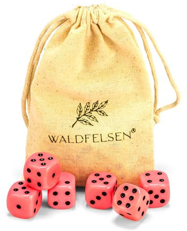 6, 12, 20, 30 oder 50 hochqualitative Würfel von Waldfelsen® Standardgröße 16 mm Acrylwürfel Knobel Spielwürfel Dice 6-seitig sechsseitig Spielzubehör Set mit Stoffbeutel (Rosa, 6 Stück)
