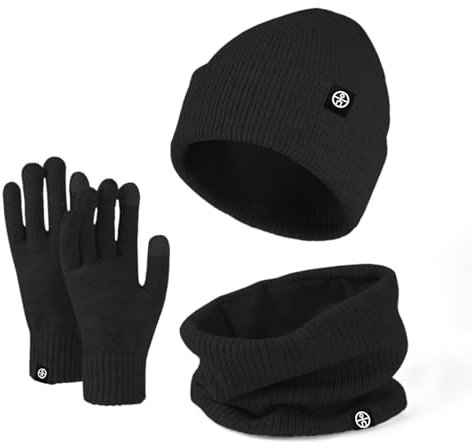 Enwokran 3 Stück Wintermütze Mütze Handschuhe Schal Set Thermo Strickmütze Elastischer Weiches Fleece Gebürstetes Innenfutter Schal Touchscreen Handschuhe Set für Kaltes Wetter (Schwarz)