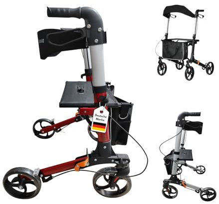 DIVID® Rollator aus Aluminium in 3 Farben 1002 B, Leichtgewicht ideal für Reisen, klappbar, Höhenverstellbar, Gehwagen,Gehhilfe, Praktische Tragetasche, Reflektoren (Rot)