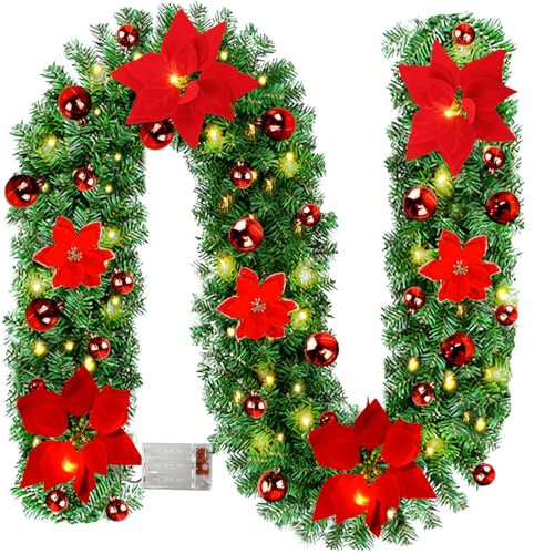 Weihnachtsgirlande, 2.7m Weihnachtsgirlande Mit Beleuchtung, Weihnachts-Girlande Mit Lichtern, Blumen Und Kugeln, Girlande Weihnachten Für Haus Treppen Haustür Terrasse Und Gärten (Rot)