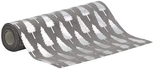 100%Mosel Tischläufer Leinenoptik Grau, Tannenbäume in Silber, (28 cm x 5 m), Tischband, edle Tischdeko für Weihnachten & Adventszeit, Festliche Dekoration zu besonderen Anlässen