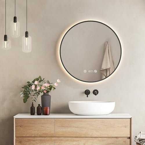 EMKE Badspiegel mit Beleuchtung rund 60 cm – Schwarzer Badezimmerspiegel mit Antibeschlag, Dimmbar, Uhr, Temperaturanzeige, Touch, Speicherfunktion, energiesparend Runder Spiegel