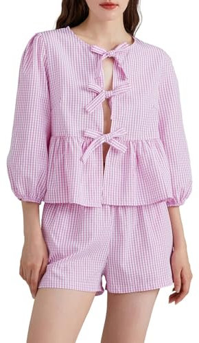 LOIJMK Pigiama da donna con fascia anteriore e 2 pantaloncini, a quadretti, maniche a sbuffo, peplo, camicia, orlo increspato, vestito a righe, Colore: rosa., L