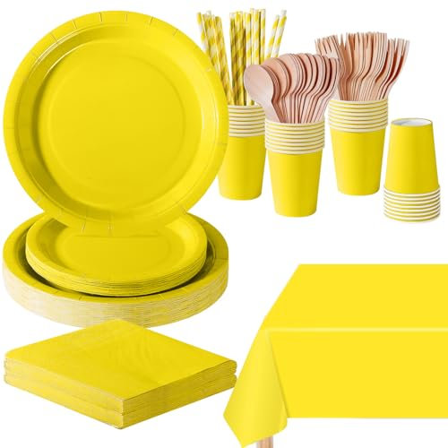 PYAILI 169 Pcs Yellow Party Tableware Set, Paper Plates Cups Napkins Tablecloth, Dinnerware Set for Kids Adult Birthday,Wedding,Baby Shower Party Tableware