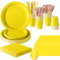 PYAILI Anniversaire Vaisselle de fete 169 Pièces Jaune Party Assiettes en Papier Set Assiettes de Fête Papier Tasses Serviettesr, pour Barbecue les Fêtes les Pique-niques -24 Invités