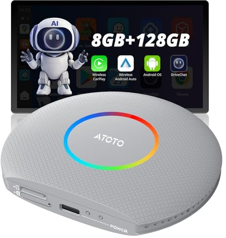 ATOTOZONE CB6 CarPlay AI Box Android 13 CarPlay Wireless/Android Auto Converts Wired to Wireless with 4G LTE, 5G Wi-Fi, 2 Bluetooth, AI Dongle, Support for YouTube, 8G+128G, Silver