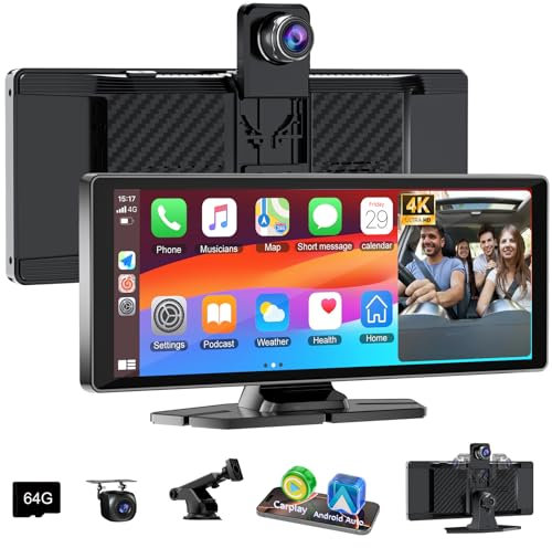 10.26 Wireless Car Play Screen for Apple Carplay& Android Auto, Touchscreen with 4K Front(350° rotatable) &1080P Rear Camera,Loop Recording,Bluetooth,FM,AUX,Mirror Link,GPS Navigation for Most Models