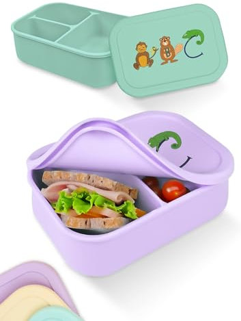 Deine Schulhelden Lunchbox - Silikon Brotdose für Kinder - Bruchfeste und Auslaufsichere Bento Box, BPA frei, Spülmaschinenfest und Mikrowellengeeignet - Kapazität 800 ml (Pastel Lila)