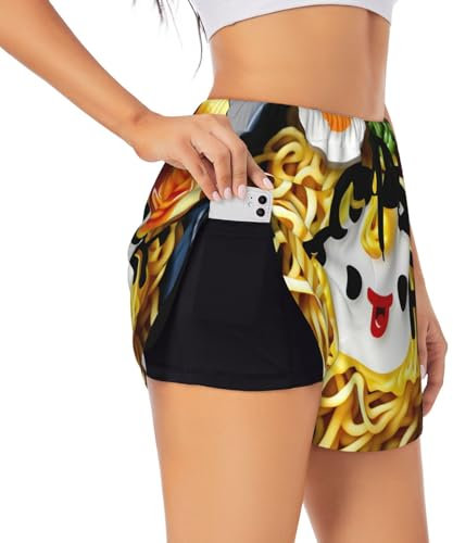 Pantalones cortos deportivos para mujer, con estampado de huevera, fideos y ramen, pantalones cortos de entrenamiento con cordón y forro, Negro -, Large