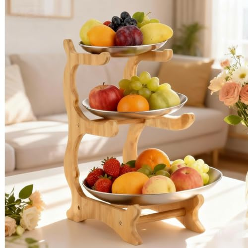 AOOGON Obst Etagere, Obstschale, 3 Stöckig Edelstahl Obstteller mit Natürlichem Bambus Ständer Servierteller für Obst, Kuchen, Süßigkeiten