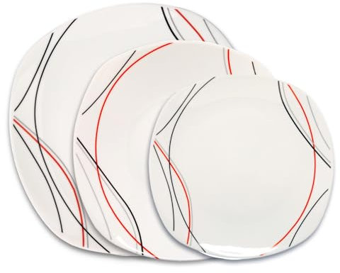 UNIQUE HOME LIVING 12-Piece Dinner Set, White Ceramic Kitchen Dinnerware Sets with Dessert/Soup/Dinner Plates, Service for 4, Microwave & Dishwasher Safe - Red-Grey-Black Lines