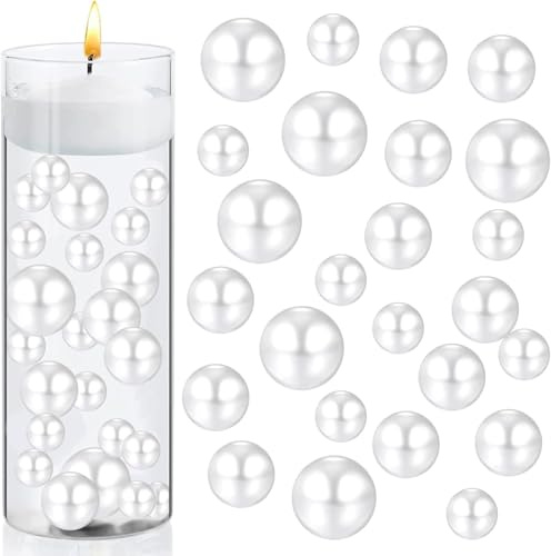 Perlmutt Perlen160 Stücke Kunstperlen Schwimmende Vasenfüller Glänzende Perlen Ohne Loch Gemischte Größen Kunststoffperlen für DIY-Schmuck Schwimmende 10/14/18mm (Weiss)