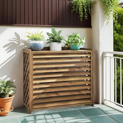 Copertura Motore Condizionatore Esterno Legno Supporto per Fiori Marrone Mobile Copri Condizionatore Da Esterno Legno Massello Supporto per Piante Da Esterno per Protezione E Decorazione(120x57x100cm)