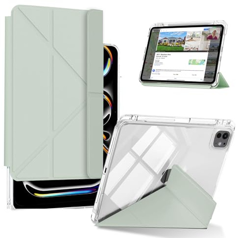 KeeFos Funda para iPad Pro 13 M5/M4 (2025/2024), Transparente Proteger Respaldo, Desmontable Soporte Plegable con Portalápiz - Verde