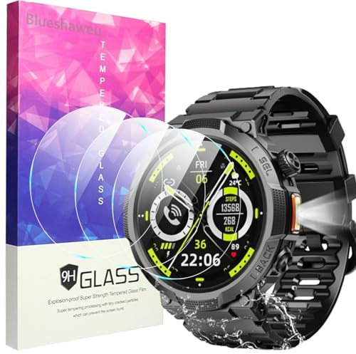 Compatible for Soudorv Smartwatch Men Women Screen Protector, [3 Pack] Lamshaw 9H Tempered Glass Screen Protector Film Compatible with Soudorv S50 Military Smart Watch Smart Watch 1.53 Inches (3 Pack)