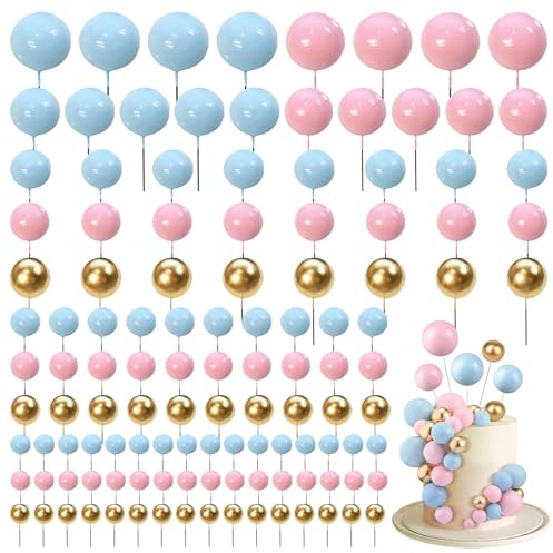 Lot de 120 boules de décoration de gâteau Happy Birthday pour mariage, fête, fête prénatale, anniversaire, décoration de gâteau (rose + bleu + doré)