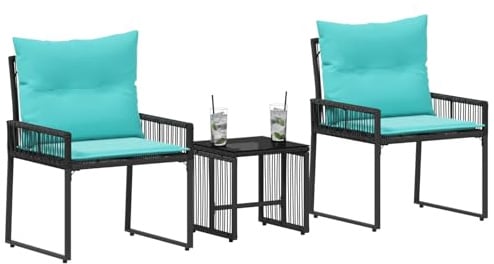 vidaXL Gartenmöbel Set mit Kissen 7 pcs Schwarz und Türkis Poly-Rattan, Gartenmöbelset, rustikales Design, wetterfest, schicke Rattan-Sitzgruppe für Terrasse, Komfort und Entspannung