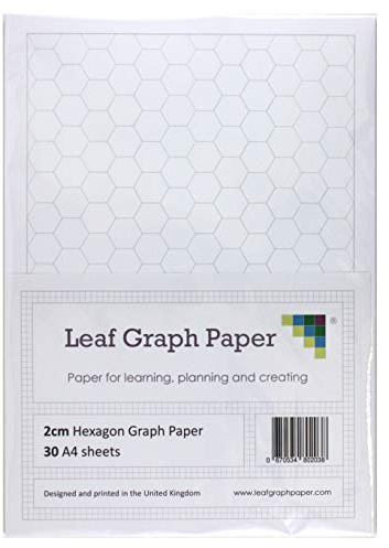 Leaf Graph A4 Hexagonal Graph Paper, 20mm (2cm) Spacing, 30-Leaf Pack, Hex Grid for Organic Chemistry and Gaming