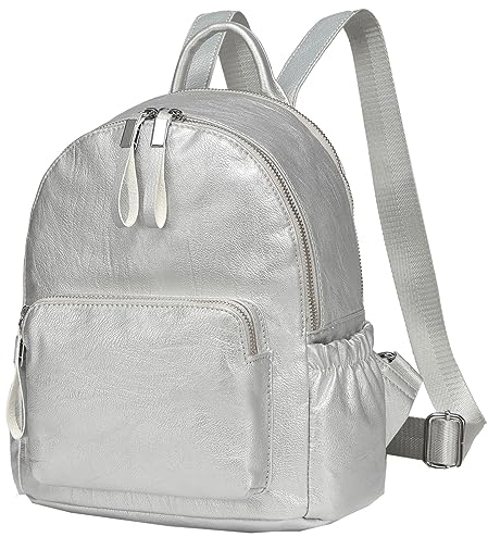 VASCHY Rucksack für Damen, Mini-Rucksack, PU-Leder, wasserdicht, modisch, kleiner Rucksack, lässig, Reiserucksack, silber, Mini, Klassisch