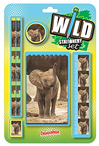Deluxebase Wild Stationery Set Baby-Elefanten-Set – Dieses lustige Schul-Schreibwaren-Set für Mädchen und Jungen enthält 2 Bleistifte, Radiergummi, Spitzer, Lineal und Notizbuch