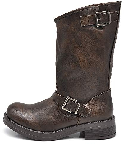 IF Fashion Scarpe Stivali da Donna al Polpaccio Biker Motociclista con Fibbie Anfibi 19007-9 T.Moro N.37