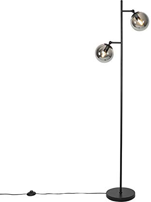 Qazqa - Art Deco Art Deco Stehleuchte I Stehlampe I Standleuchte I Lampe I Leuchte schwarz mit Rauchglas 2-Licht - Pallon I Wohnzimmer I Schlafzimmer - Stahl Länglich - LED geeignet E14