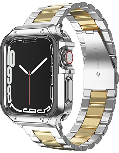 Designed for Apple Watch Band and Case, Stainless Steel Metal Chain with TPU Cover, Smart-Watch Link Bracelet Strap, Wrist-Band for i-Watch Series 9 8 7 6 5 4 3 2 1 SE, 45mm 44mm 42mm, Silver+Gold